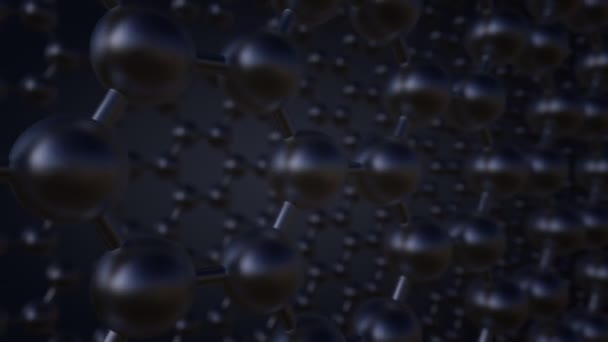 Атомная структура графена, темно-серый фон, мелкая фокусировка. 4K бесшовный кукольный клип — стоковое видео