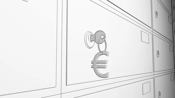 Sketchy bank safe deposit boxes and the key with euro sign keychain. 3D rendering