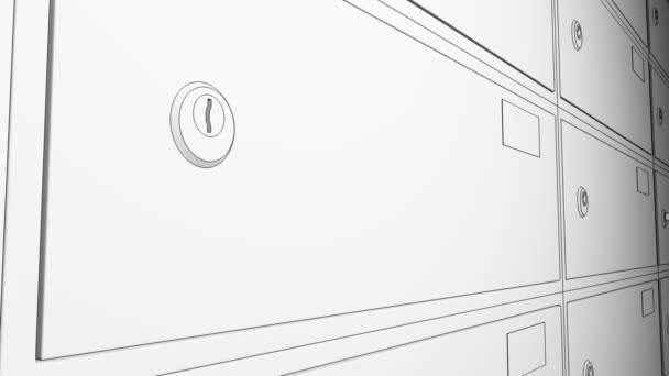 Sketch animation. Row of safe deposit boxes and inserted key with tag. 4K — Stock Video