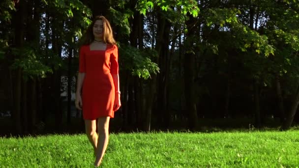 Стройная брюнетка в красном платье гуляет по траве в парке. Замедленное видео, 120 кадров в секунду — стоковое видео