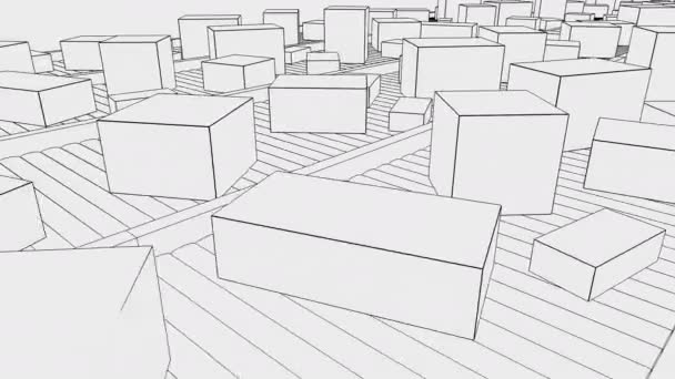 Múltiples cajas de diferentes tamaños que se mueven en transportadores. Animación de bocetos en bucle sin costura 4K — Vídeo de stock