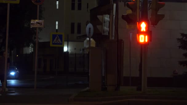 El semáforo peatonal se vuelve verde. Cruce en la noche. Disparo 4K — Vídeos de Stock