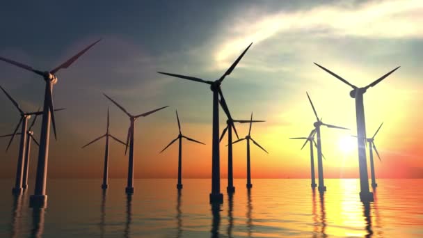 Macht windturbines op zee zonsondergang. 4 k dolly clip — Stockvideo