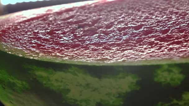 Saftig geschnittene Wassermelone. Schale und Fruchtfleisch. Nahaufnahme 4k Pan Shot — Stockvideo