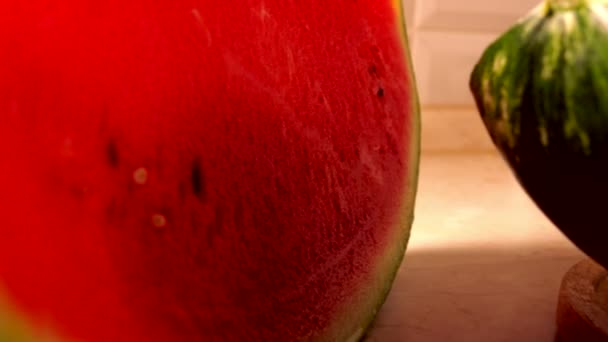 Juicy watermelon closeup 4K pan shot — Stok Video