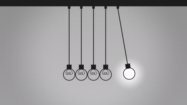 Balancing bulb-like pendulum balls on wires. Newtons cradle. Idea, contact and communication concepts. 4K seamless loop able animation — Stock Video