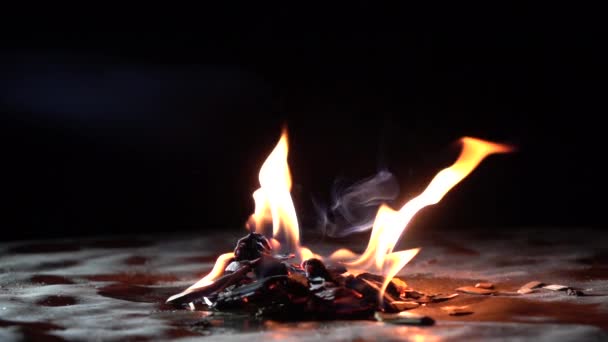 Super slow motion shot av brinnande trä marker i mörkret. Liten brand — Stockvideo