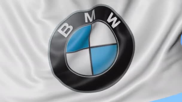 Zbliżenie macha flagą z Bmw logo, Płynna pętla, niebieskie tło. 4 k wideo — Wideo stockowe