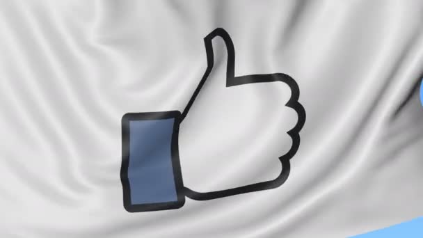 Close up van wapperende vlag met de Facebook like knop duim omhoog, naadloze loops, blauwe achtergrond. Redactionele animatie. 4 k Prores, alpha — Stockvideo