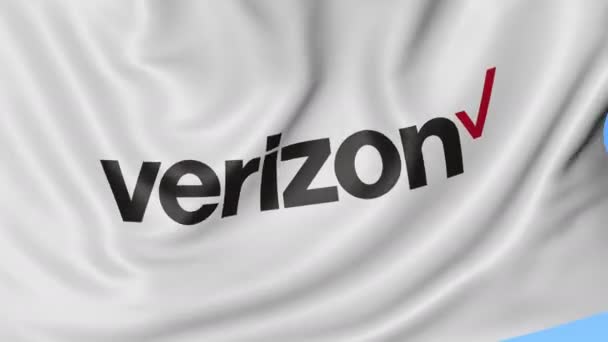 Крупним планом розмахуючи прапором з Verizon комунікацій логотип, безшовні петлю, синьому фоні. Редакційна анімації. 4 к Prores, alpha — стокове відео