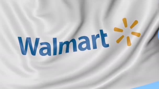 Close up of waving flag with Walmart logo, seamless loop, blue background. Editorial animation. 4K ProRes, alpha — Stock Video