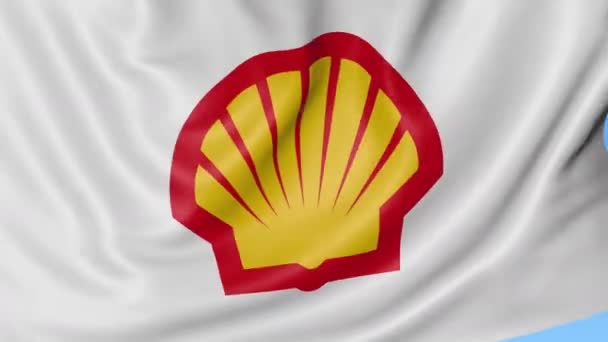 Primer plano de la bandera ondeante con el logotipo de Shell Oil Company, lazo sin costuras, fondo azul. Animación editorial. 4K ProRes, alfa — Vídeo de stock