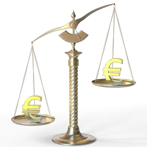Euro EUR pesa mais do que outro Euro em balanças de balanço. Conceito de tendência do mercado financeiro. Renderização 3d — Fotografia de Stock