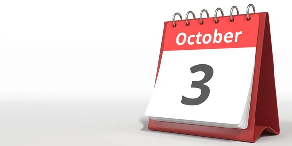 3 de octubre fecha en la página del calendario de volteo, 3d renderizado — Foto de Stock