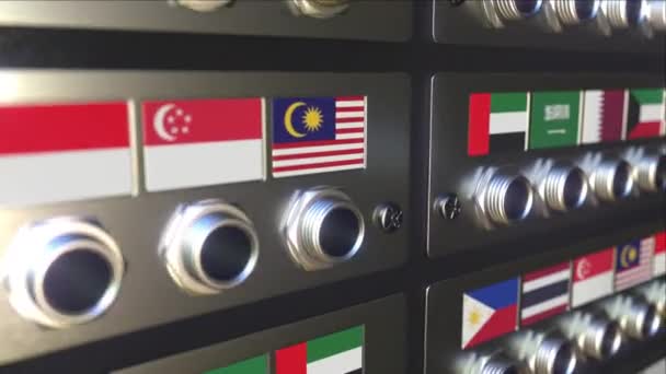 Insertar conector en un zócalo con la bandera de Qatar. Concepto de traducción o conexión en línea, animación 3d — Vídeos de Stock