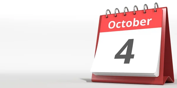 4 de octubre fecha en la página del calendario de volteo, 3d renderizado — Foto de Stock