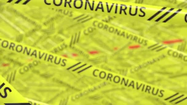 Fitas de advertência com texto CORONAVIRUS e COVID-19. Animação 3d conceitual — Vídeo de Stock