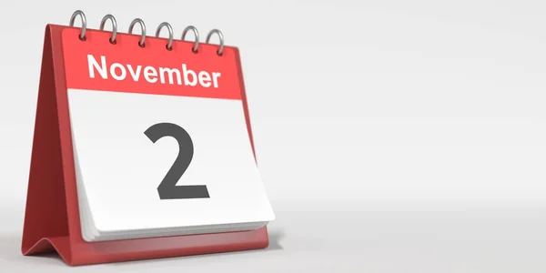 Datum des 2. November auf dem Umblättern des Kalenderblattes. 3D-Darstellung — Stockfoto