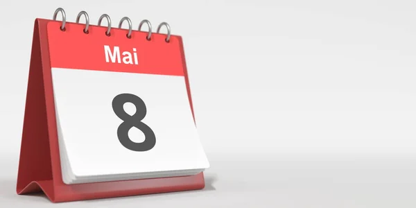 5月8日ドイツ語でフリップカレンダーのページに書かれた日付。3Dレンダリング — ストック写真