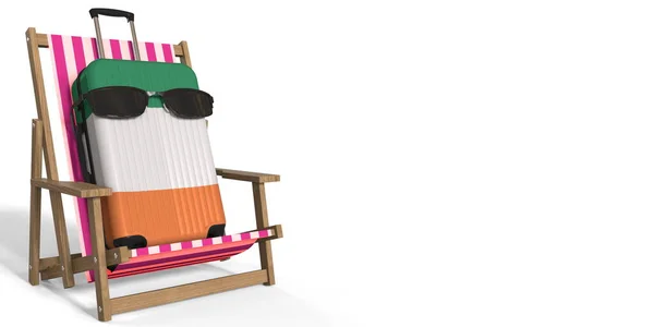 Walizka z flagą Irlandii na fotelu plażowym, koncepcja turystyki, renderowanie 3d — Zdjęcie stockowe