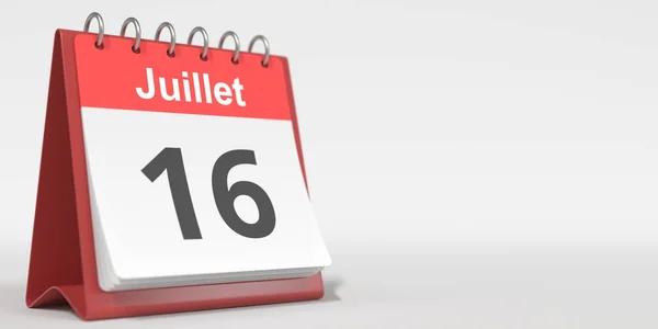 16 juillet date écrite en français sur la page de couverture du calendrier, rendu 3d — Photo