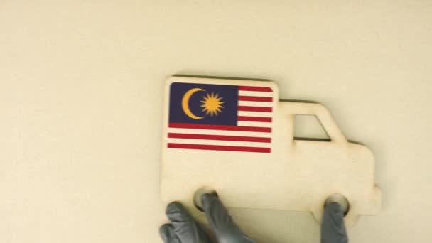 Icono de camión de cartón reciclado con bandera de Malasia. Concepto nacional de transporte o entrega sostenible — Vídeos de Stock