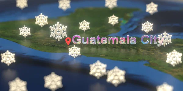 Snowy weather icons near Guatemala City on the map, weather forecast related 3D rendering — Stock Photo, Image