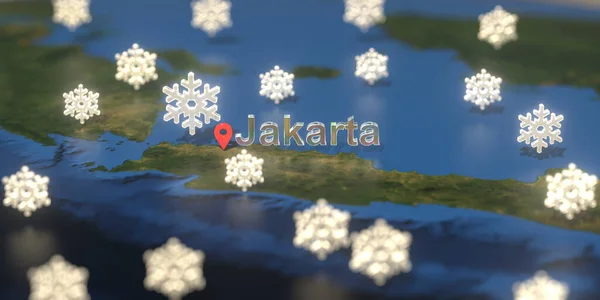 Місто Джакарта і сніжна погодна ікона на карті, прогноз погоди пов'язані 3D рендеринг — стокове фото