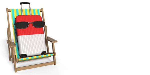 Walizka z flagą Indonezji na krześle plażowym, koncepcja turystyki, renderowanie 3d — Zdjęcie stockowe