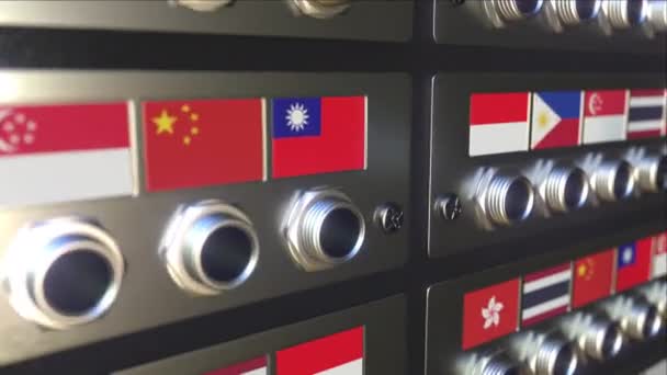 Singapur bayrağıyla bir sokete bağlayıcı yerleştiriliyor. Çeviri veya çevrimiçi bağlantı konsepti, 3d animasyon — Stok video