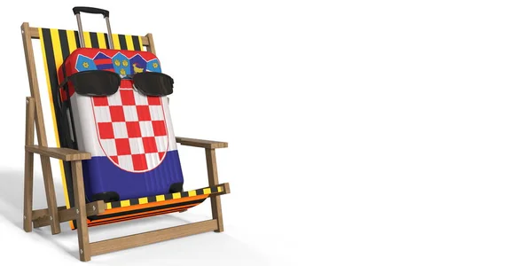 Maleta con bandera de Croacia en una silla de playa, concepto de turismo, 3d rendering —  Fotos de Stock