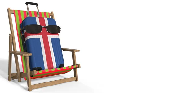Resväska med Islands flagga på en strandstol, turism koncept, 3D-rendering — Stockfoto