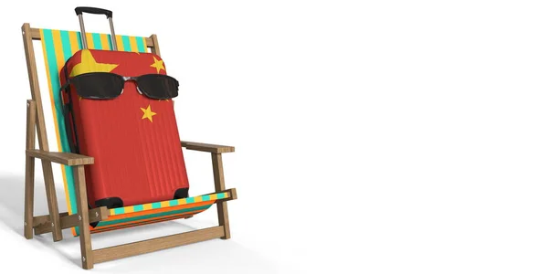 Valigia con bandiera della Cina su una sedia da spiaggia, concetto di turismo, rendering 3d — Foto Stock