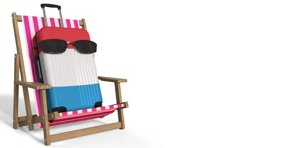 Walizka z flagą Luksemburga w okularach przeciwsłonecznych na krześle plażowym. Koncepcja wakacji, renderowanie 3d — Zdjęcie stockowe