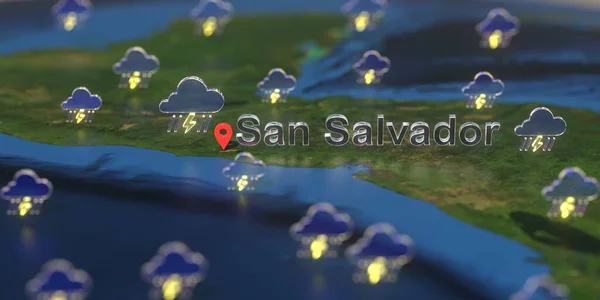 地图上圣萨尔瓦多市附近的风暴天气图标，与天气预报有关的3D渲染 — 图库照片
