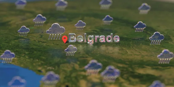 Regniga väderikoner nära Belgrad stad på kartan, Väderprognos relaterad 3D-rendering — Stockfoto
