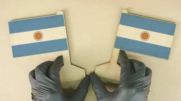 Due bandiere argentine di carta riciclata sul tavolo di cartone — Foto Stock