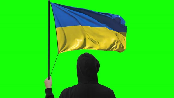 Homem desconhecido segura bandeira acenando da Ucrânia, isolado em fundo verde — Fotografia de Stock