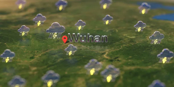 Icônes météo orageuses près de la ville de Wuhan sur la carte, prévisions météorologiques liées rendu 3D — Photo