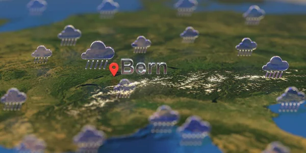 伯尔尼市和雨天图标在地图上，天气预报相关3D渲染 — 图库照片