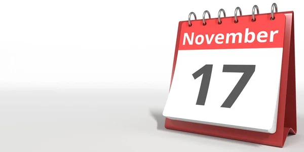 17 de noviembre fecha en la página del calendario de volteo, 3d renderizado — Foto de Stock
