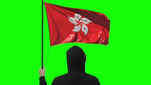 Unknown man holds waving flag of Hong Kong, alpha matte — Stock Video