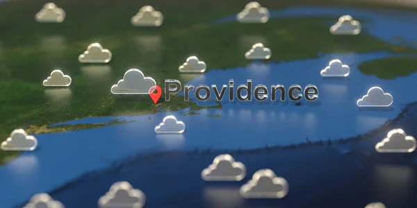 Провідне місто і хмарний погодний ікона на карті, прогноз погоди пов'язані 3D рендеринг — стокове фото