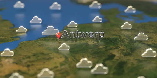 Cloudy weather icons near Antwerp city on the map, weather forecast related 3D rendering — Stock Photo, Image