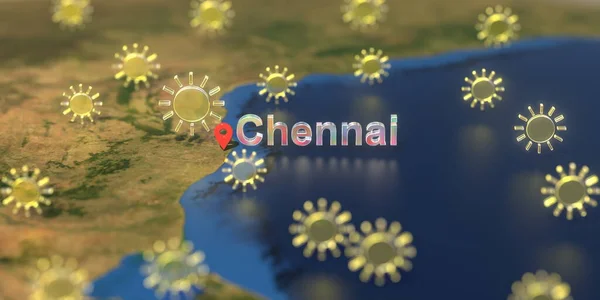 Stadt Chennai und sonniges Wettersymbol auf der Karte, 3D-Rendering zur Wettervorhersage — Stockfoto