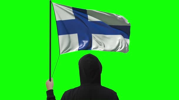 Bandera de Finlandia y hombre desconocido, alfa mate — Vídeos de Stock
