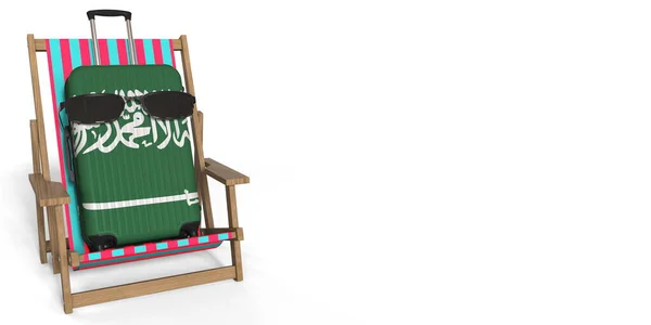 Mala com bandeira da Arábia Saudita com óculos de sol em uma cadeira de praia. Conceito de férias, renderização 3d — Fotografia de Stock