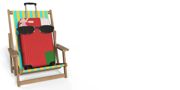 Walizka z flagą Omanu na krześle plażowym, koncepcja turystyki, renderowanie 3d — Zdjęcie stockowe