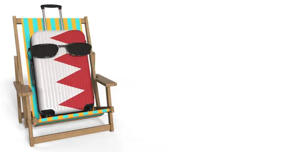Bandeira do Bahrein na mala e cadeira de praia. Conceito de viagem, renderização 3d — Fotografia de Stock