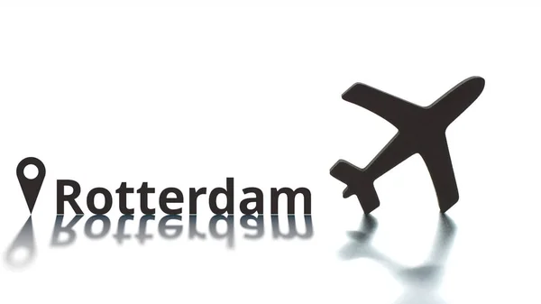 Rotterdam texto con geoetiqueta de la ciudad y el icono del avión. Concepto de destino —  Fotos de Stock